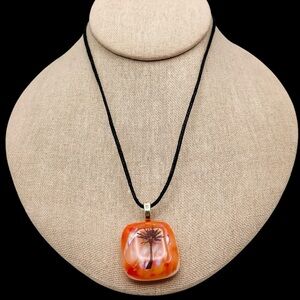 Vintage Art Glass Pendant Necklace With Palm Tree Boho vibe